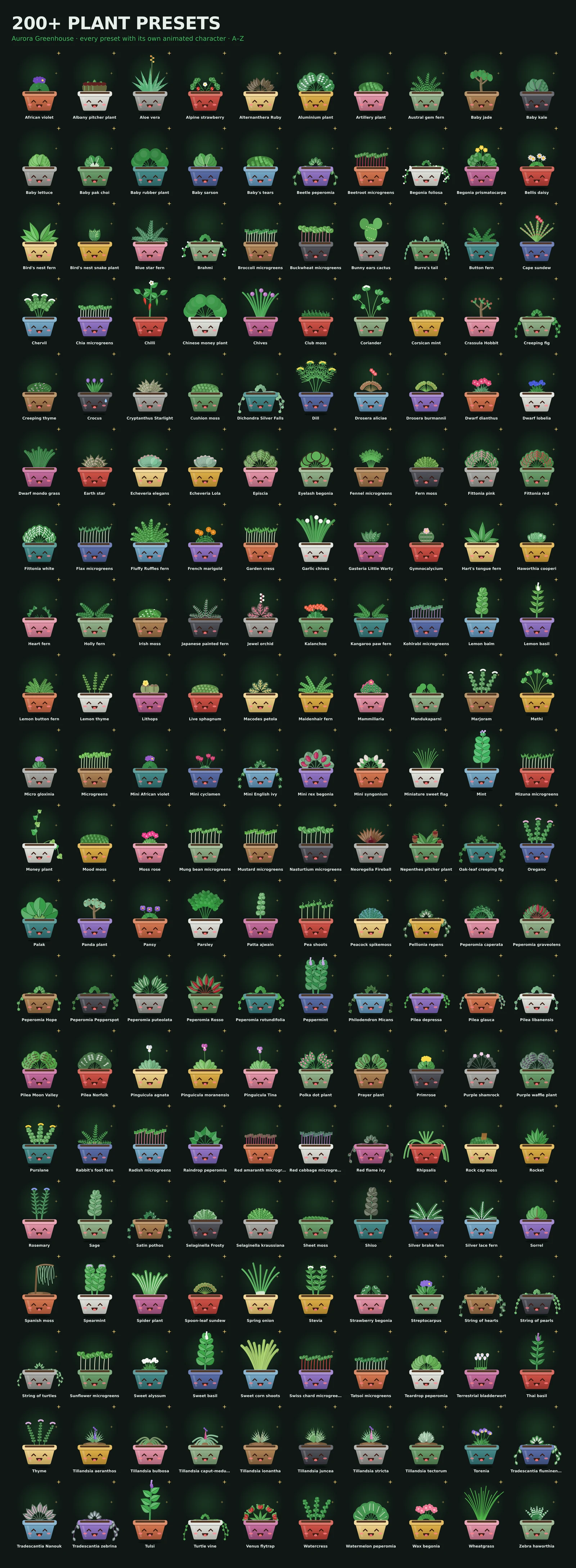 200 Aurora plant presets in A–Z order, each with its own animated plant character